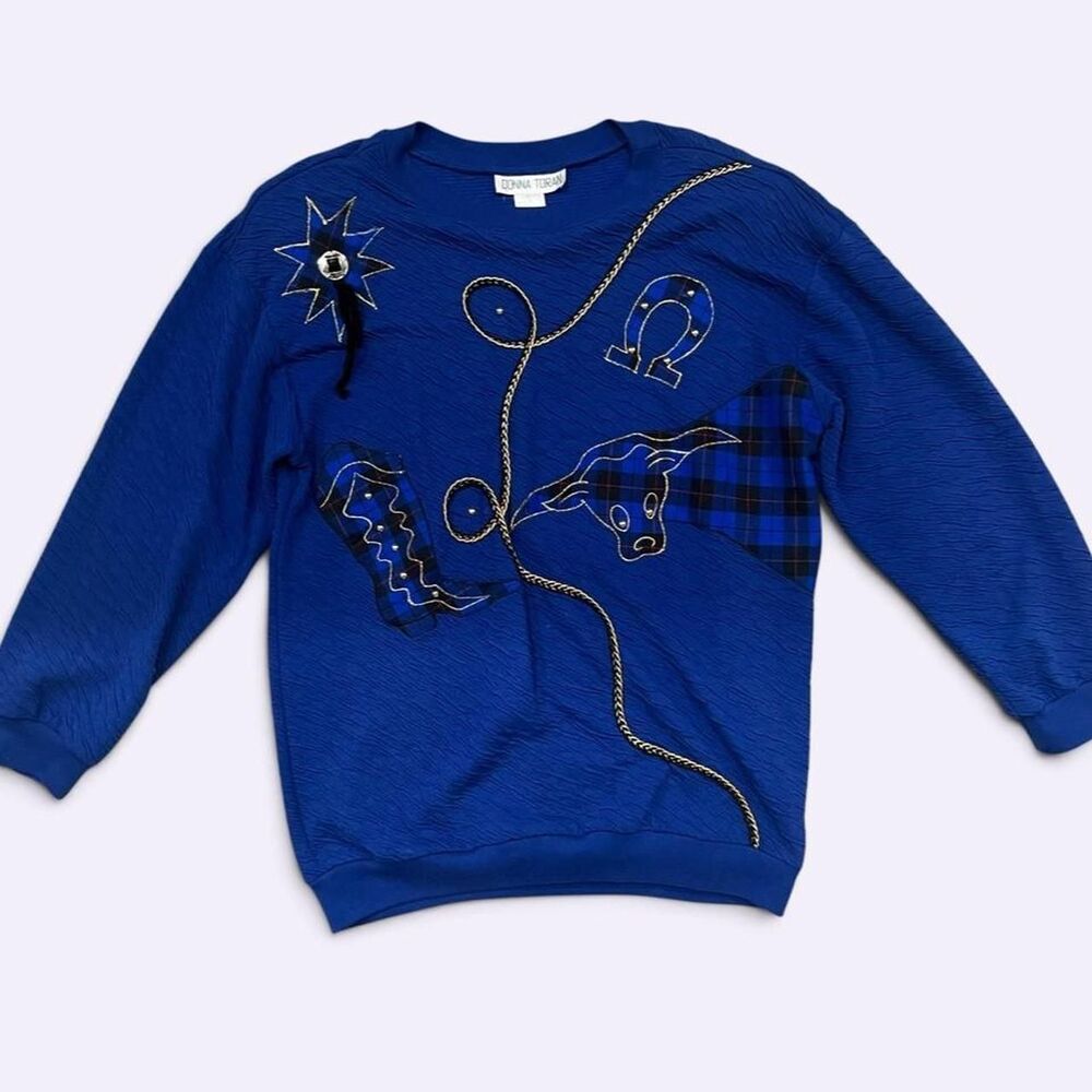 Vintage Donna Toran Royal Blue Western Embellished Sweatshirt Size M